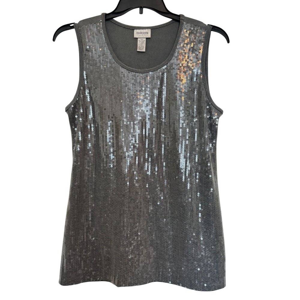 Chicos Travelers Sequin Tunic Tank Sleeveless Womens Size 2 Gray Polyester Rayon